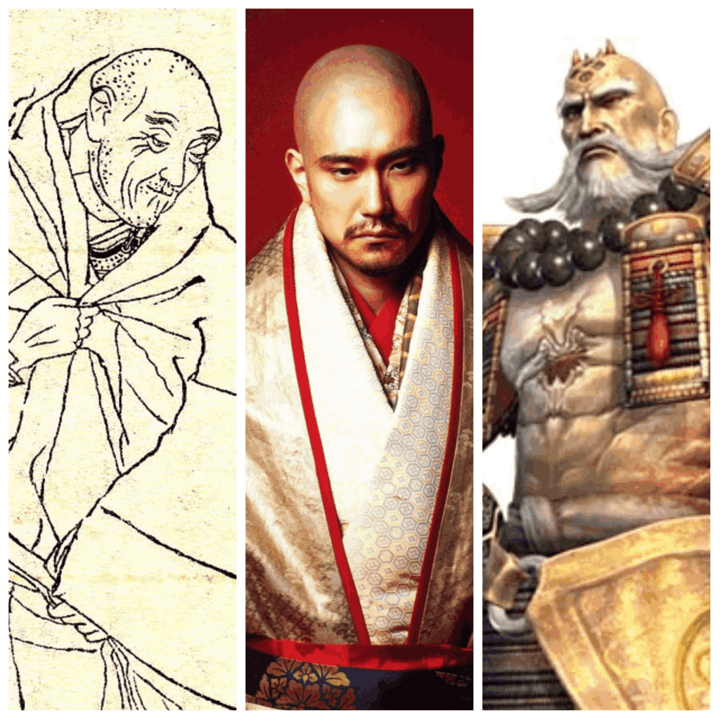 Kiyomori's historical depiction compared to the NHK historical drama of him in 2012 (center) and the hack-n-slash video game Warriors Orochi (right). Media commonly depicts him as a baldy mafia or an over-the-top villain given his infamous reputation. Images courtesy of Wikipedia, Mydramalist and Samurai Games Wiki.