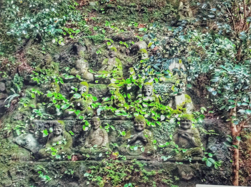 Little Buddhas covered in ferns at Monjusenji